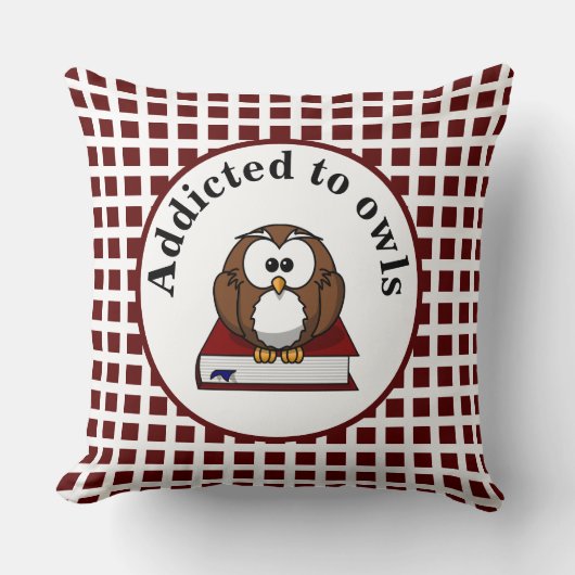 かわいいフクロウ愛アニマルブラウンレッドプレイド クッション (正面)