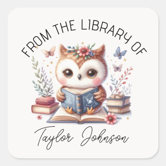 かわいいフクロウ本のシール – パーソナライズされた蔵書票 スクエアシール (正面)