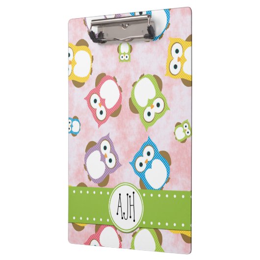 かわいいフクロウ柄フクロウカラフルズ柄モノグラム クリップボード (左)