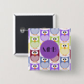 かわいいフクロウ柄フクロウカラフルズ柄モノグラム 缶バッジ (正面&裏面)