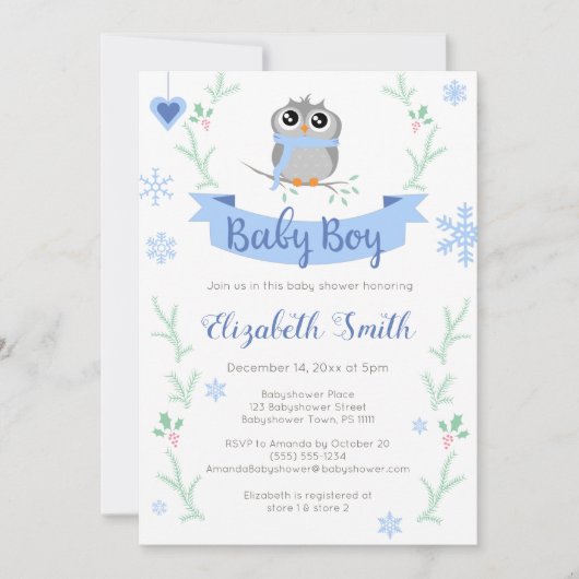 かわいいフクロウ男の赤ちゃん冬のバビシャワー 招待状 (正面)