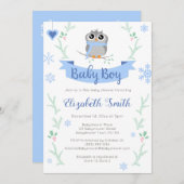 かわいいフクロウ男の赤ちゃん冬のバビシャワー 招待状 (正面/裏面)
