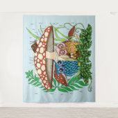 かわいいフクロウ科きのこ雨 タペストリー (正面)