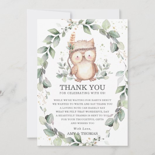 かわいいフクロウ素朴の緑の赤ちゃんシャワー誕生日 サンキューカード (正面)