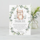 かわいいフクロウ素朴の緑の赤ちゃんシャワー誕生日 サンキューカード (スタンド正面)