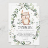 かわいいフクロウ素朴の緑の赤ちゃんシャワー誕生日 サンキューカード (正面/裏面)