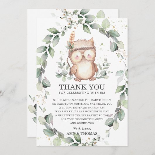 かわいいフクロウ素朴の緑の赤ちゃんシャワー誕生日 サンキューカード (正面/裏面)