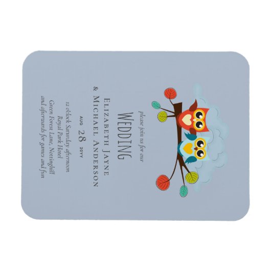 かわいいフクロウ結婚をテーマにした青いオレンジ マグネット (横)