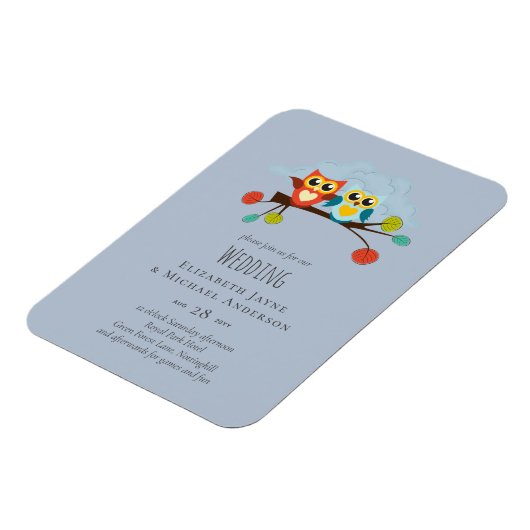 かわいいフクロウ結婚をテーマにした青いオレンジ マグネット (左側)