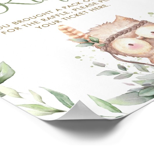 かわいいフクロウ緑の赤ちゃんシャワーおむつラッフルサイン ポスター (角)