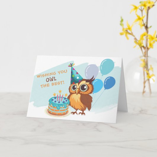 かわいいフクロウ誕生日カード カード (黄色い花)