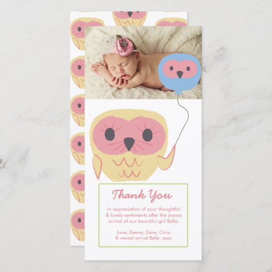 かわいいフクロウ赤ちゃんガールありがとう写真テンプレート サンキューカード (正面/裏面)