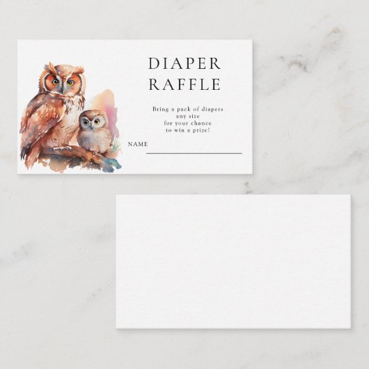 かわいいフクロウ赤ちゃんシャワーおむつラッフル エンクロージャーカード (正面/裏面)