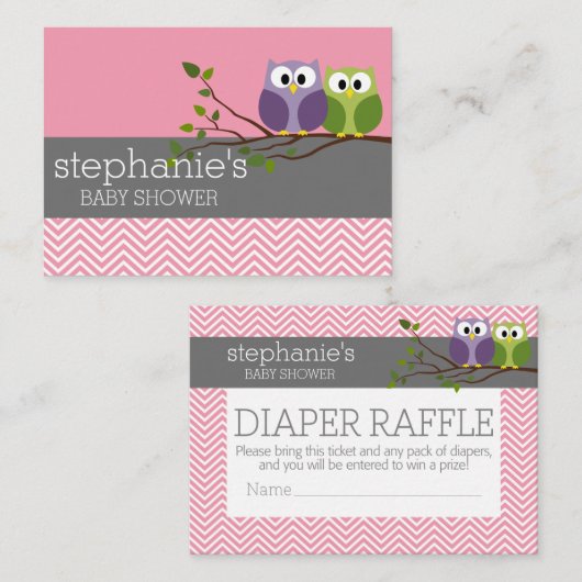 かわいいフクロウ赤ちゃんシャワーゲーム – おむつラッフル エンクロージャーカード (正面/裏面)