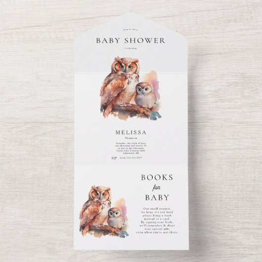 かわいいフクロウ赤ちゃんシャワー招待状とベビー用ブック オールインワン招待状 (内側)