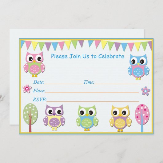 かわいいフクロウ赤ちゃんシャワー招待状ピンク&紫 招待状 (正面/裏面)