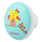 かわいいフクロウ黄色ピンクの花の名パーソナライズされた前 セラミックノブ (右)