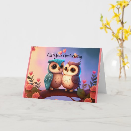 かわいいフクロウ2周年記念グリーティングカード カード (黄色い花)