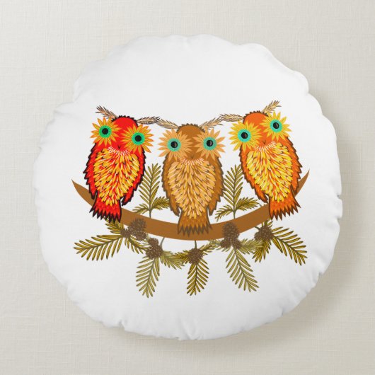 かわいいフクロウ3匹 ラウンドクッション (正面)