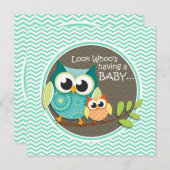 かわいいフクロウ;アクアグリーンシェブロン 招待状 (正面/裏面)