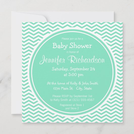 かわいいフクロウ;アクアグリーンシェブロン 招待状 (裏面)