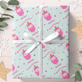 かわいいフクロウ クリスマス ピンク スノースター オリジナル ラッピングペーパー