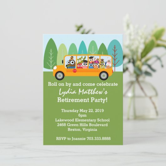 かわいいフクロウ·スクール·バス運転士退職パーティー 招待状 (スタンド正面)