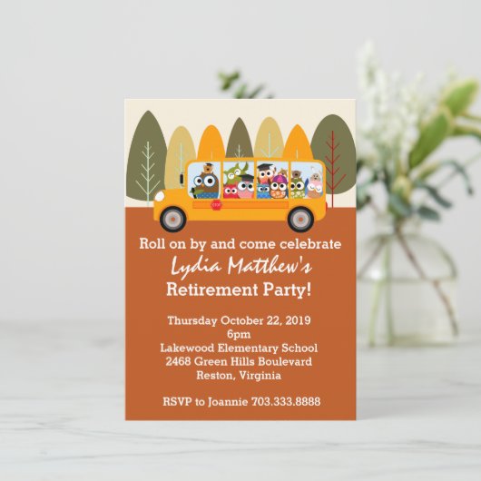 かわいいフクロウ·スクール·バス運転士退職パーティー 招待状 (スタンド正面)