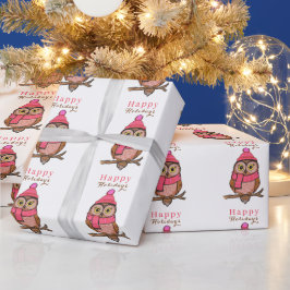 かわいいフクロウ ハッピー ホリデー ピンク トレンディー クリスマス バード ラッピングペーパー