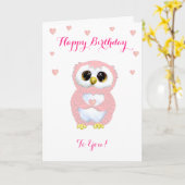 かわいいフクロウ、ピンクのハートと白い誕生日の願い カード (黄色い花)