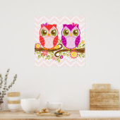 かわいいフクロウ – ピンク&パープルガールズ – 壁ポスター ポスター (キッチン)