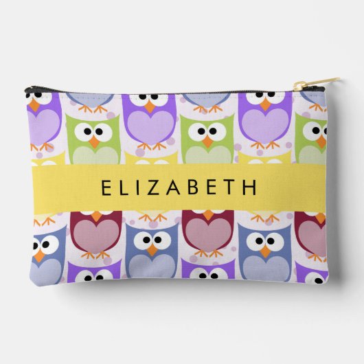 かわいいフクロウ、フクロウカラフルの柄、フクロウ、お名前 アクセサリーポーチ (裏面)