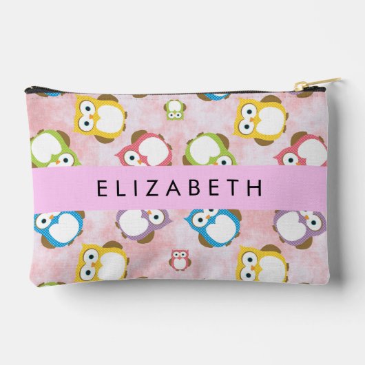 かわいいフクロウ、フクロウカラフルの柄、フクロウ、お名前 アクセサリーポーチ (裏面)