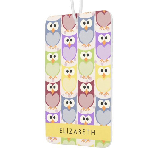 かわいいフクロウ、フクロウカラフルの柄、フクロウ、お名前 カーエアーフレッシュナー (左)