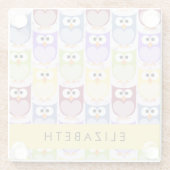 かわいいフクロウ、フクロウカラフルの柄、フクロウ、お名前 ガラスコースター (裏面)