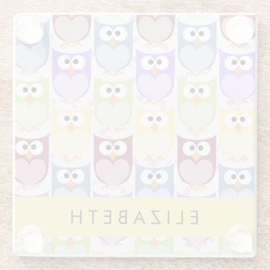 かわいいフクロウ、フクロウカラフルの柄、フクロウ、お名前 ガラスコースター (裏面)