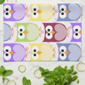 かわいいフクロウ、フクロウカラフルの柄、フクロウ、お名前 キッチンタオル (折り畳み)