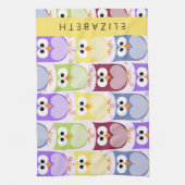 かわいいフクロウ、フクロウカラフルの柄、フクロウ、お名前 キッチンタオル (縦)