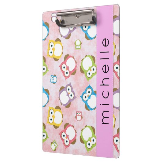 かわいいフクロウ、フクロウカラフルの柄、フクロウ、お名前 クリップボード (左)
