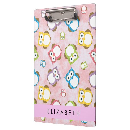 かわいいフクロウ、フクロウカラフルの柄、フクロウ、お名前 クリップボード (左)