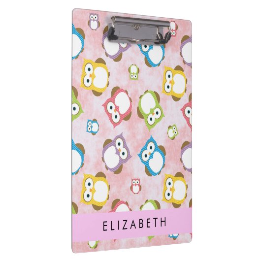 かわいいフクロウ、フクロウカラフルの柄、フクロウ、お名前 クリップボード (右)