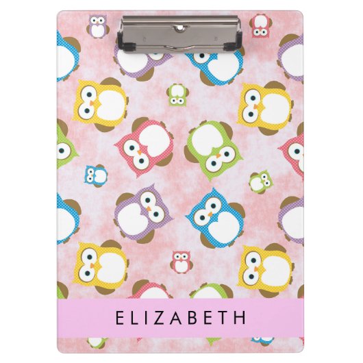 かわいいフクロウ、フクロウカラフルの柄、フクロウ、お名前 クリップボード (正面)