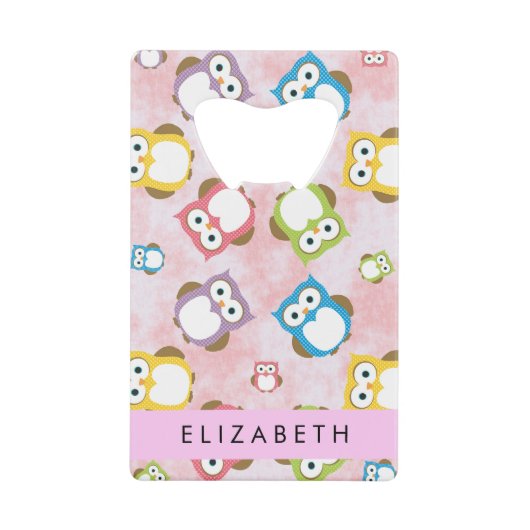 かわいいフクロウ、フクロウカラフルの柄、フクロウ、お名前 クレジットカード栓抜き (正面)