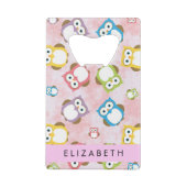 かわいいフクロウ、フクロウカラフルの柄、フクロウ、お名前 クレジットカード栓抜き (裏面)