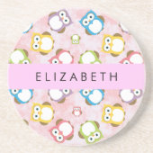 かわいいフクロウ、フクロウカラフルの柄、フクロウ、お名前 コースター (正面)