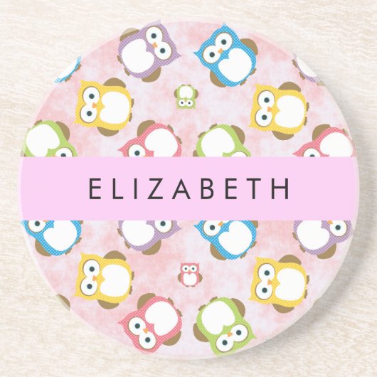 かわいいフクロウ、フクロウカラフルの柄、フクロウ、お名前 コースター (正面)