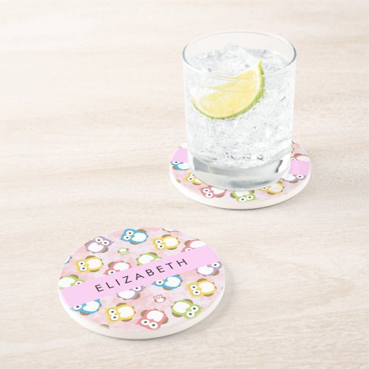 かわいいフクロウ、フクロウカラフルの柄、フクロウ、お名前 コースター (側面)