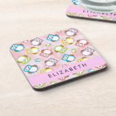 かわいいフクロウ、フクロウカラフルの柄、フクロウ、お名前 コースター (左側)