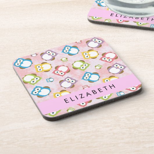 かわいいフクロウ、フクロウカラフルの柄、フクロウ、お名前 コースター (左側)