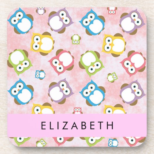 かわいいフクロウ、フクロウカラフルの柄、フクロウ、お名前 コースター (正面)